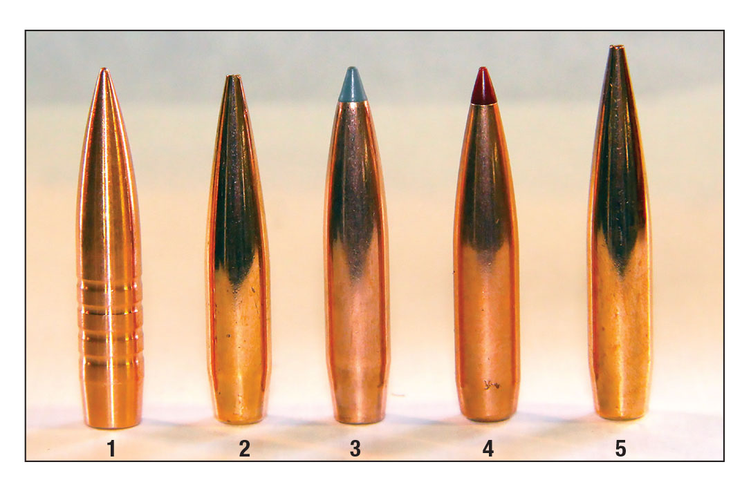 Patrick chose bullets with G1 ballistic  coefficients of .600  or greater, test bullets carrying G1 ballistic coefficients of  (1) .600 (McGuire  Ballistics), (2) .606 (Berger), (3) .625  (Nosler), (4) .625  (Hornady) and  (5) .679 (Berger).